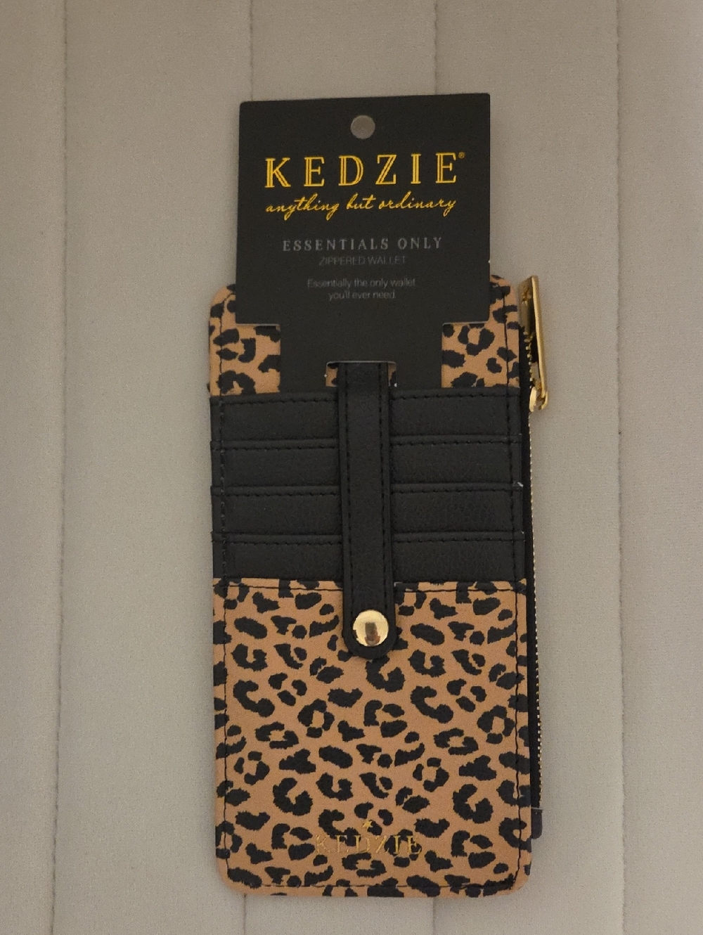 Kedzie NWT Leopard Print Card Wallet with Black Trim and Gold Zipper